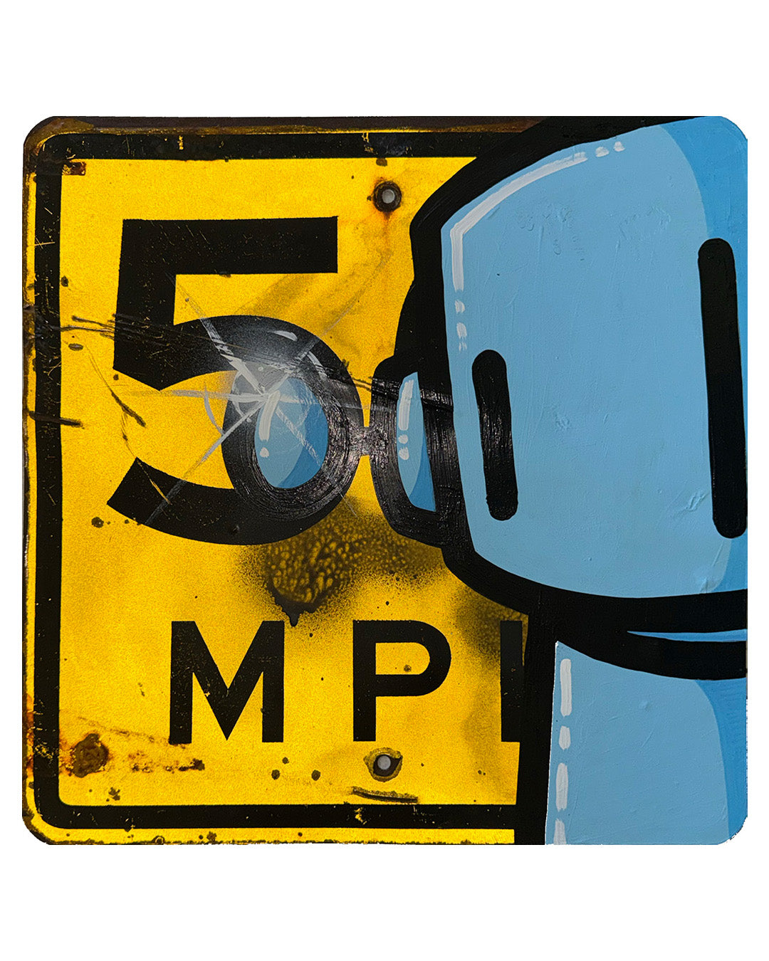 Yellow sign with black text '54 MP' and a blue car icon on a white background