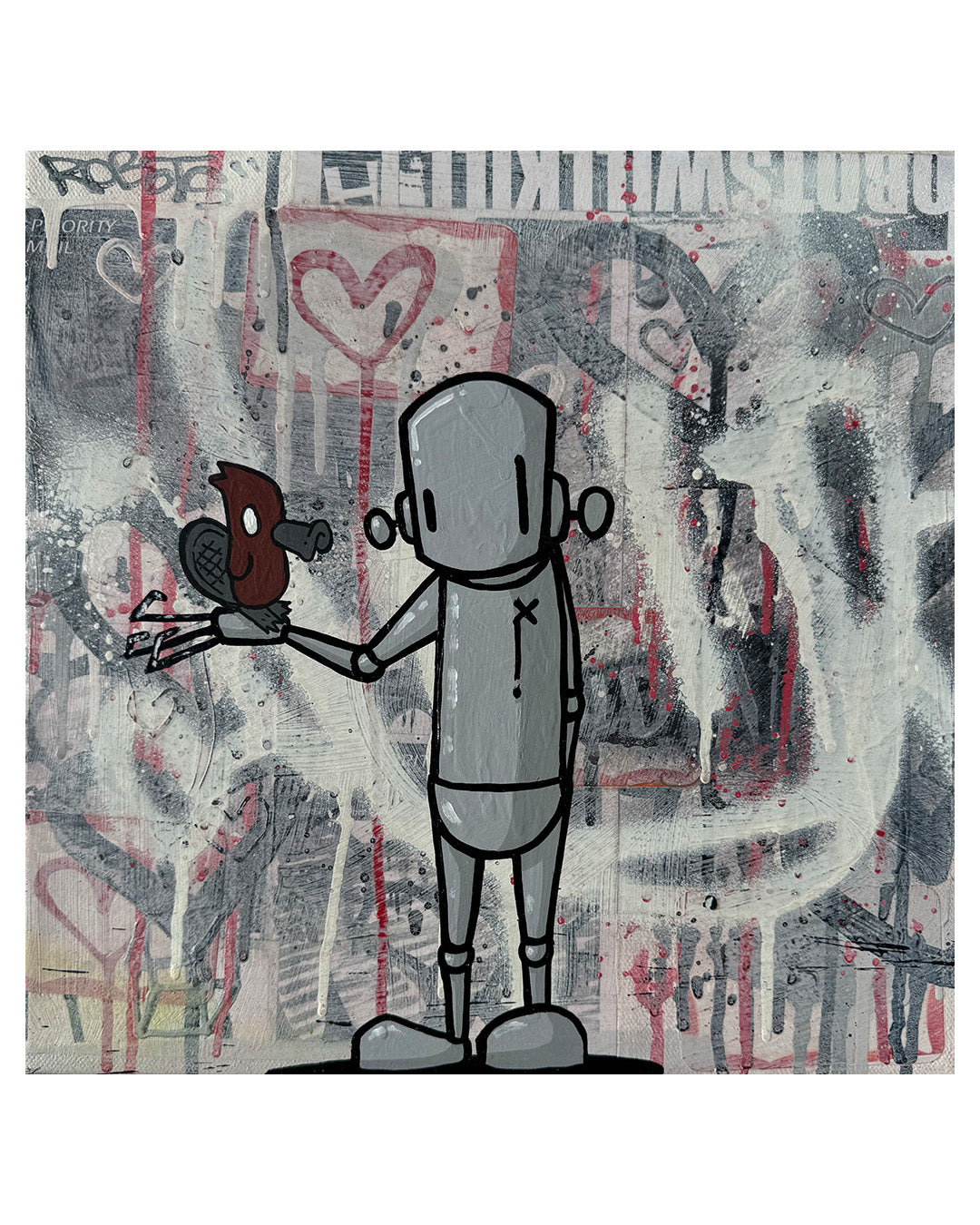 Artistic depiction of a robot holding a bird against a graffiti-covered wall.
