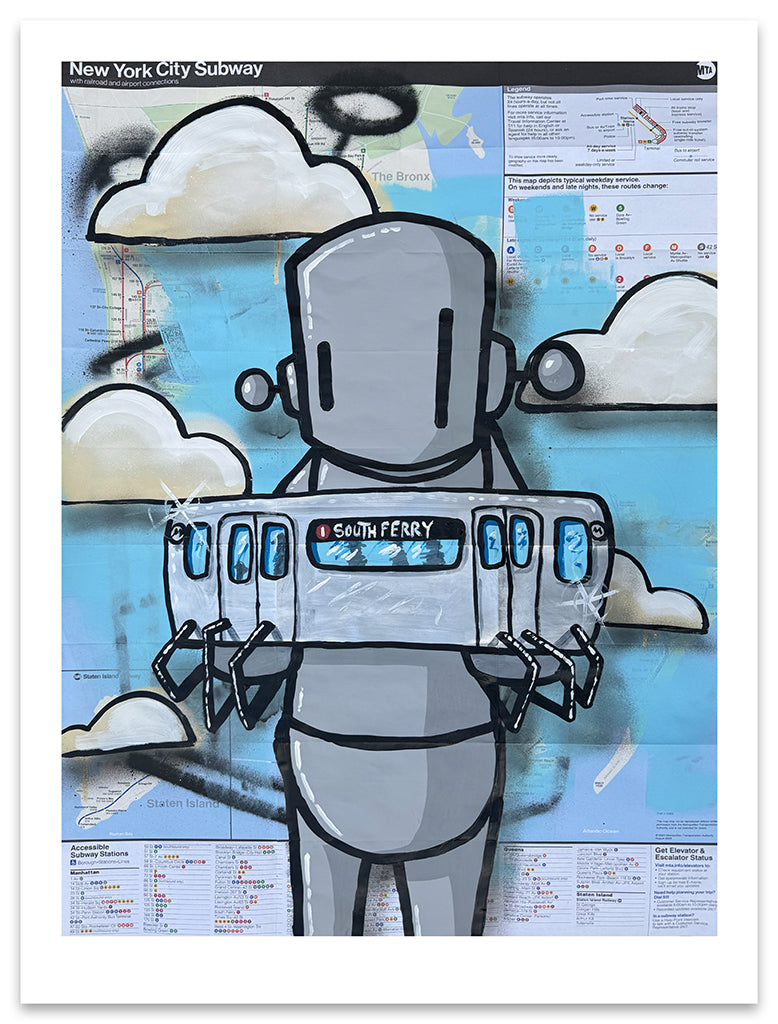 Cartoon robot holding a subway car against a New York City subway map background