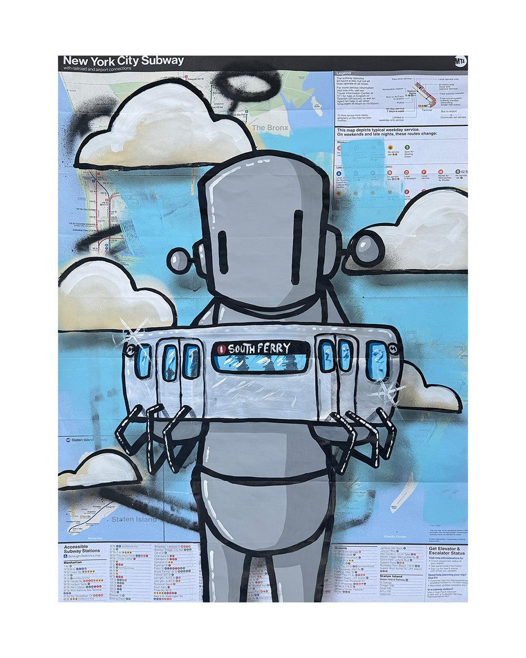 Cartoon robot holding a train on a New York City subway map background