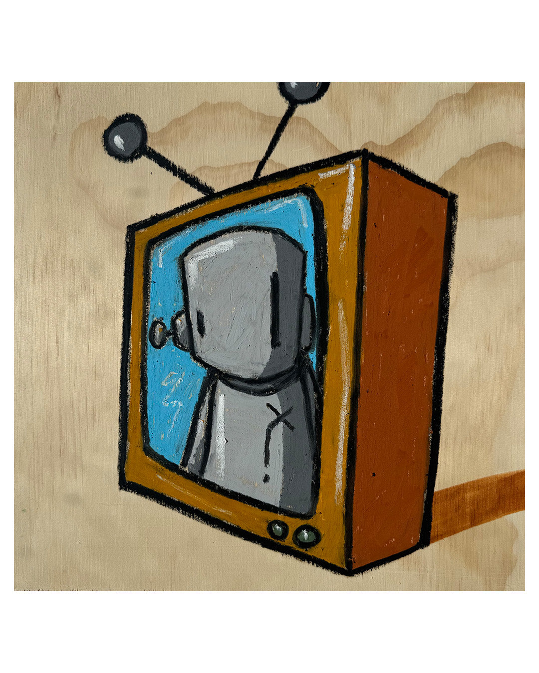 Cartoon-style robot inside a vintage television set on a beige background
