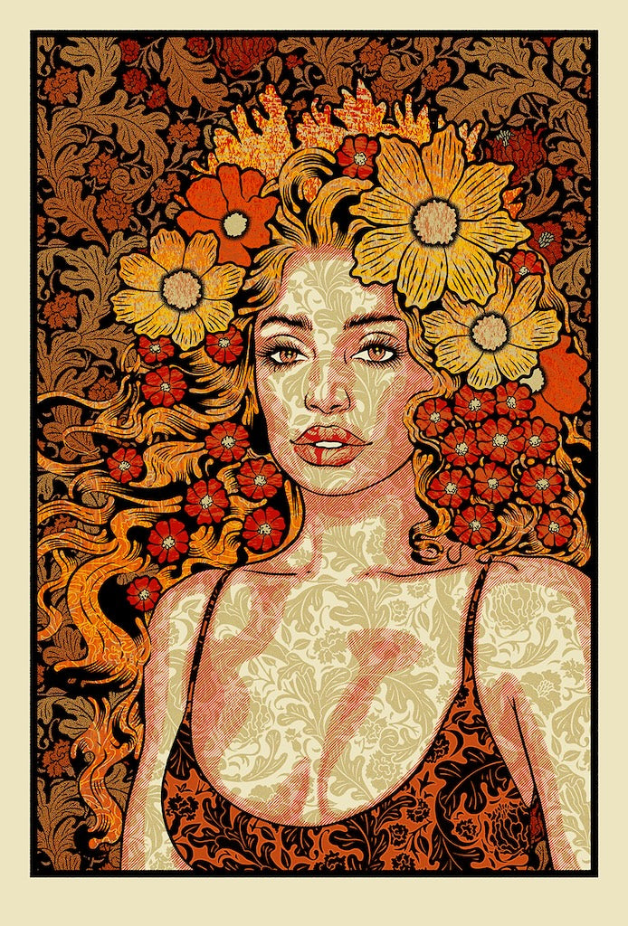 Illustration of a woman with flowers in her hair against a decorative background