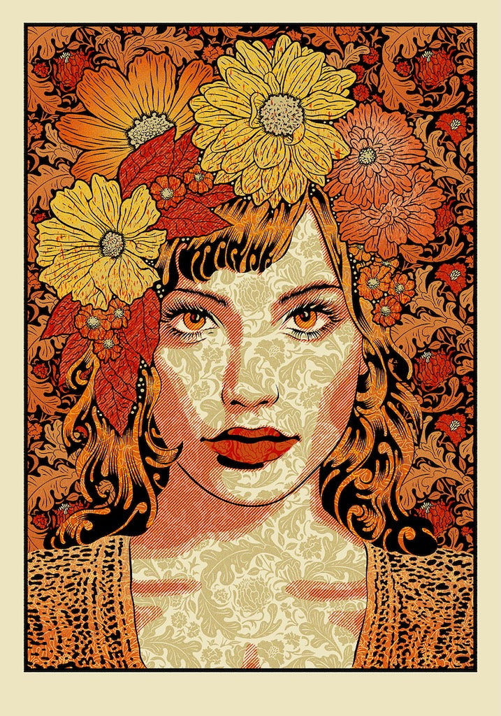 Illustration of a woman's face with floral and decorative elements on a beige background