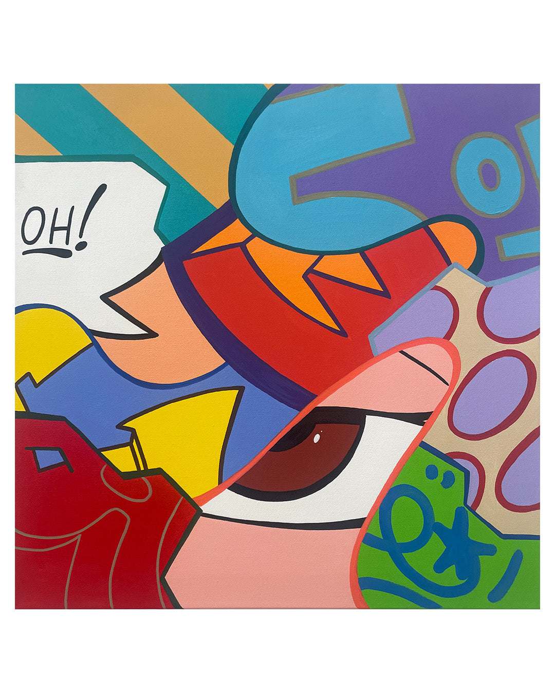 Colorful abstract artwork with a face and text on a white background