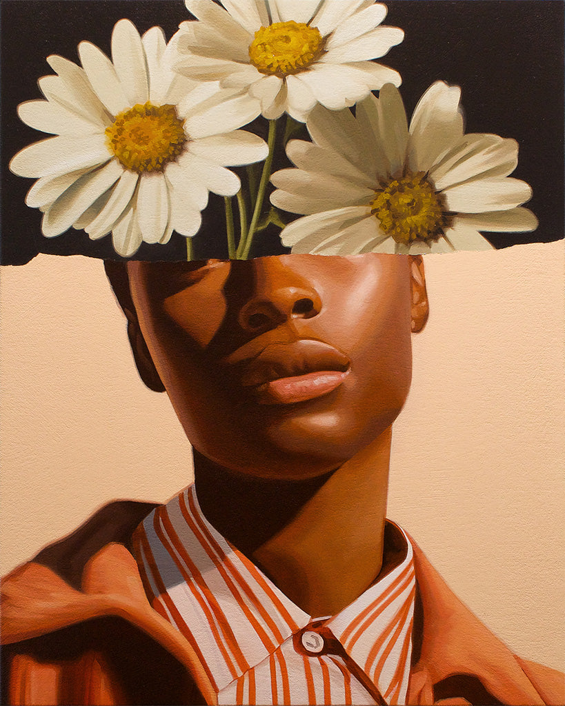 Painting of a persons face with the top half covered by three flowers