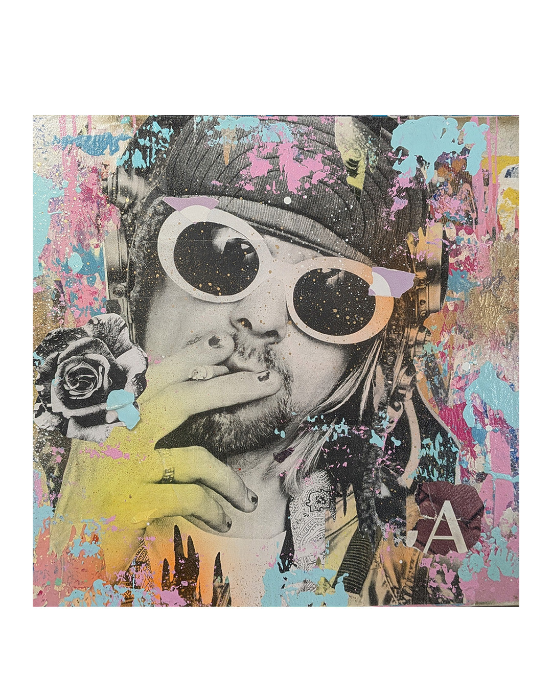 mixed media collage of Kurt Cobain smoking a cigarette surrounded by colorful splashes