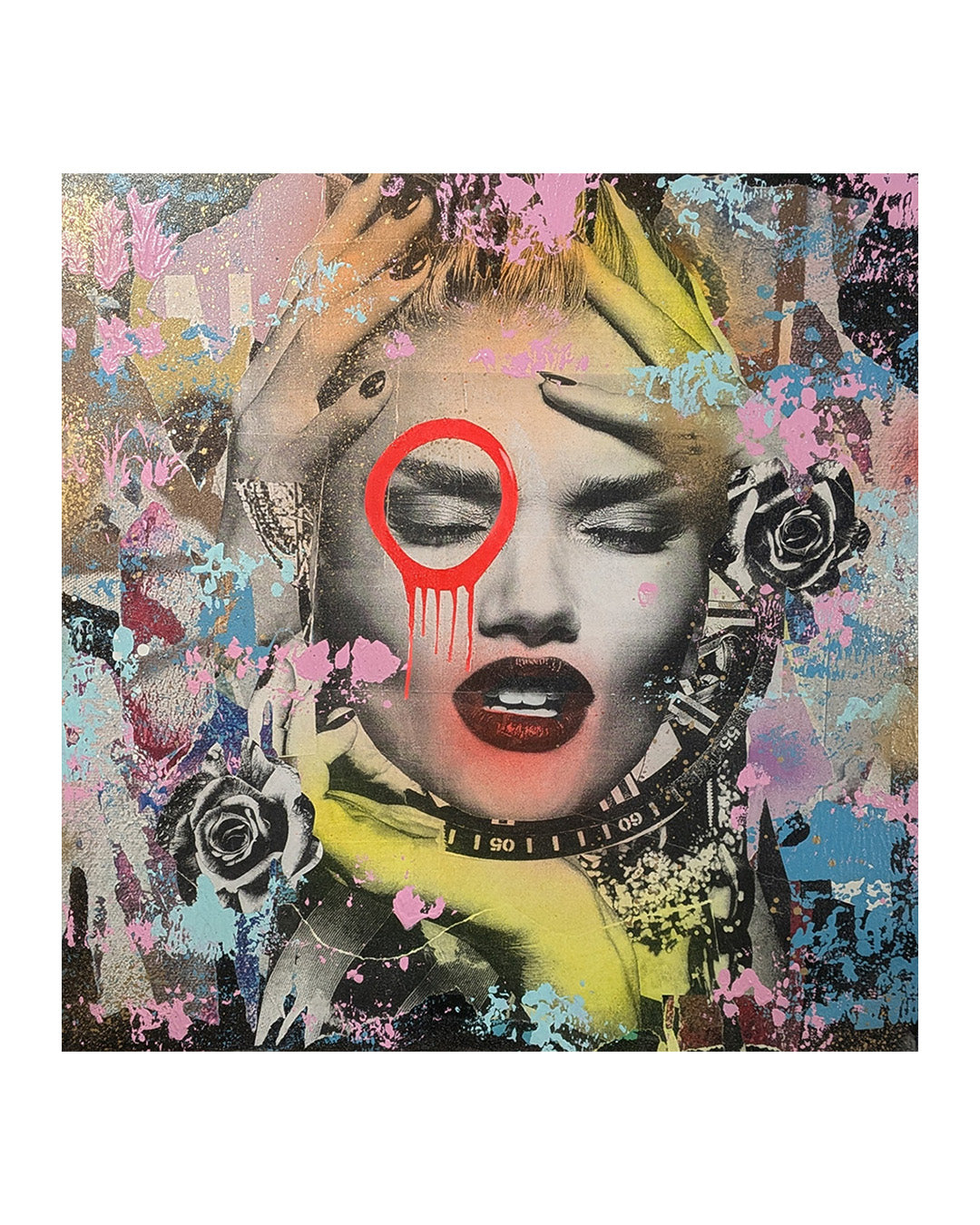 Mixed medium collage of a woman's face with a red painted circle around her eye