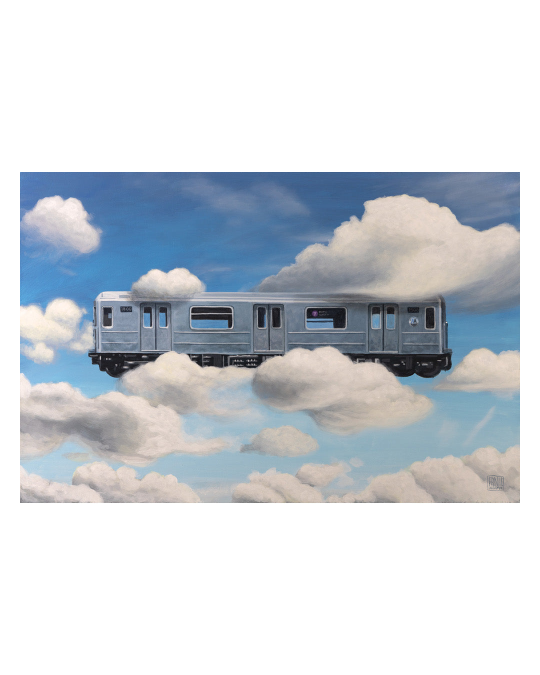 Train levitating above clouds against a blue sky