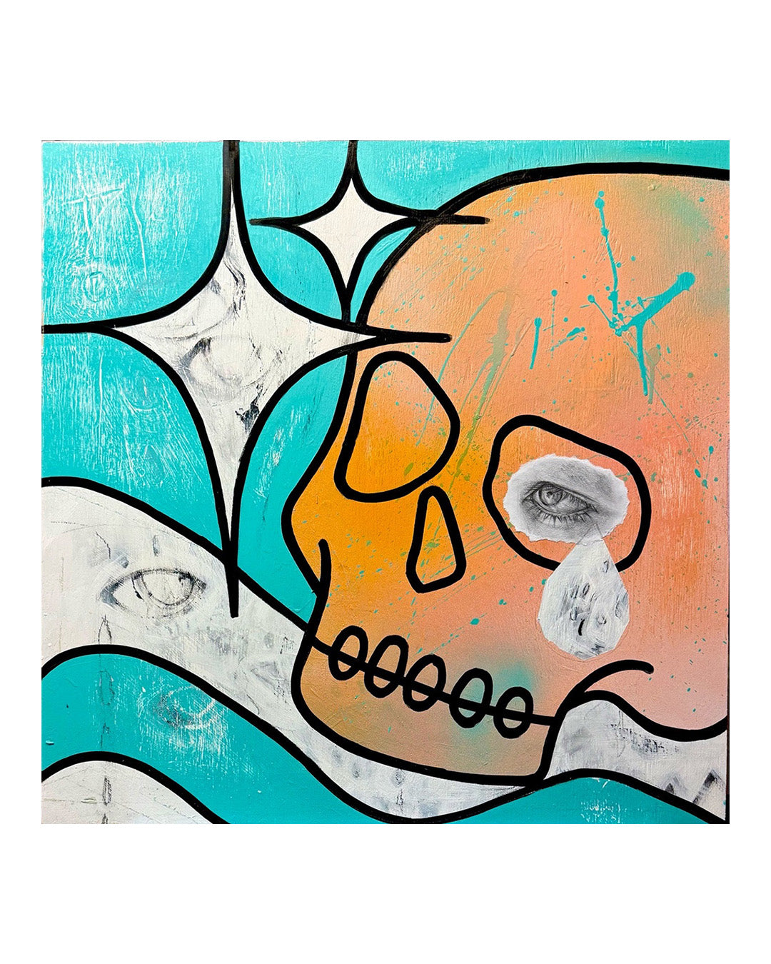 Abstract artwork with a stylized skull and eye elements on a blue and orange background