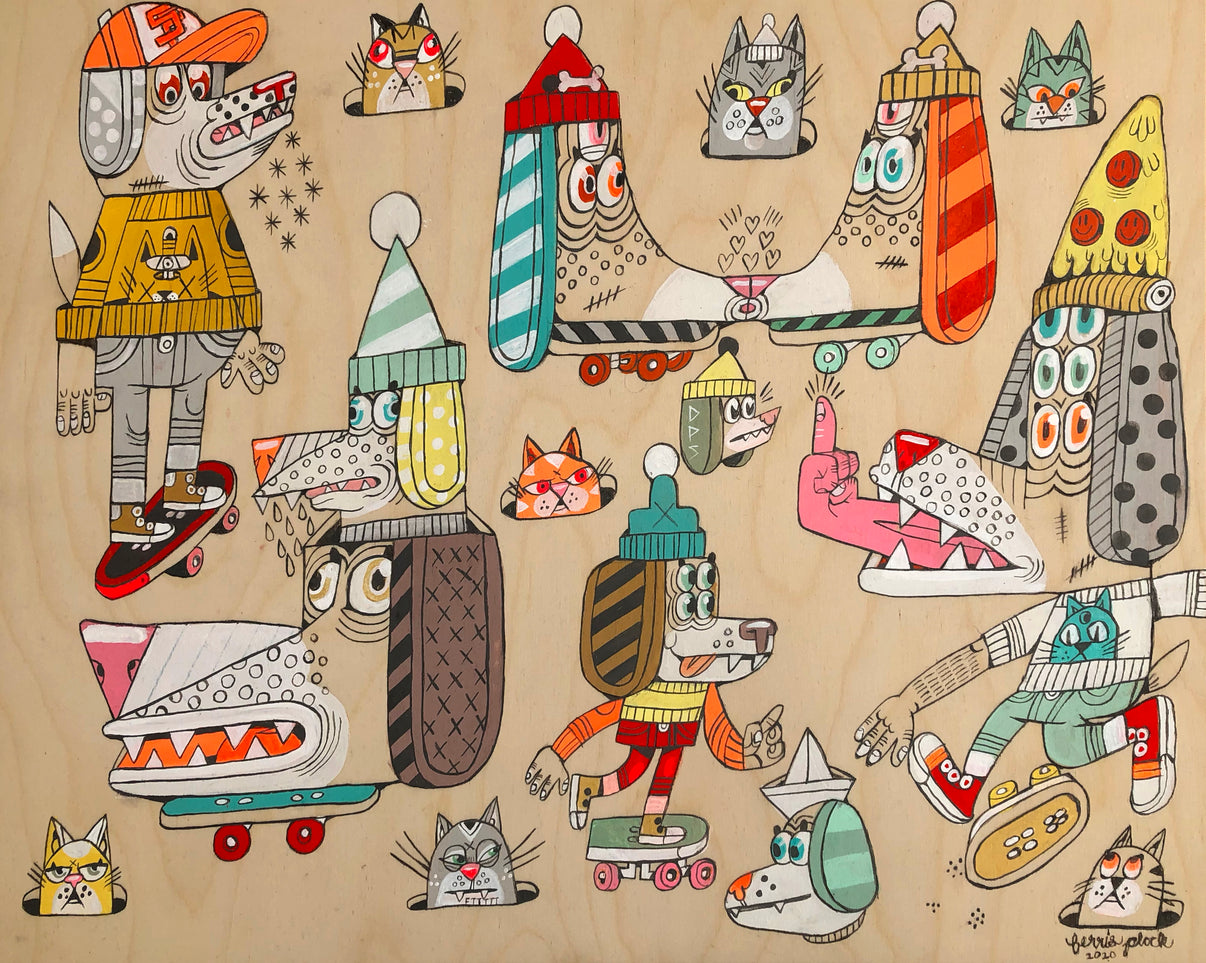Painting of animated colorful dogs wearing hats while riding on skateboards