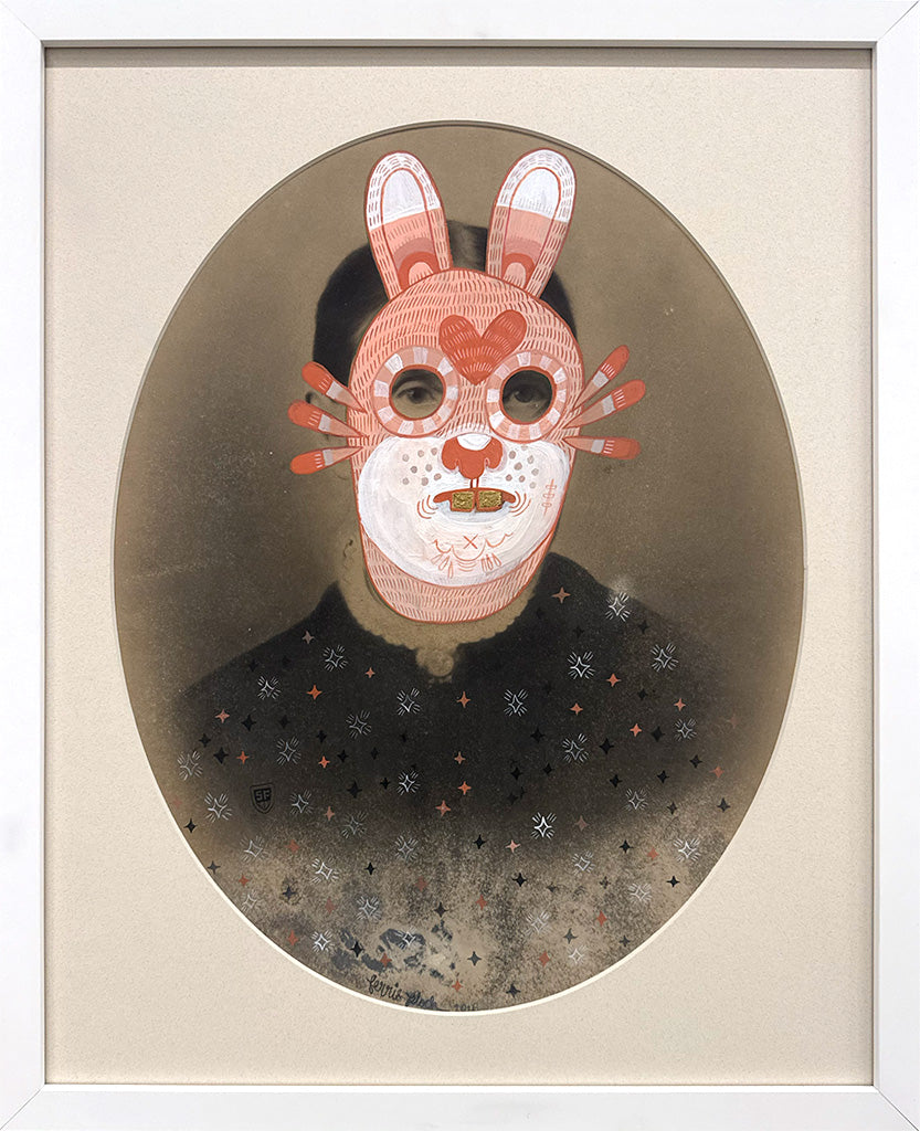Black and white photograph of a person with a pink bunny make painted over their face