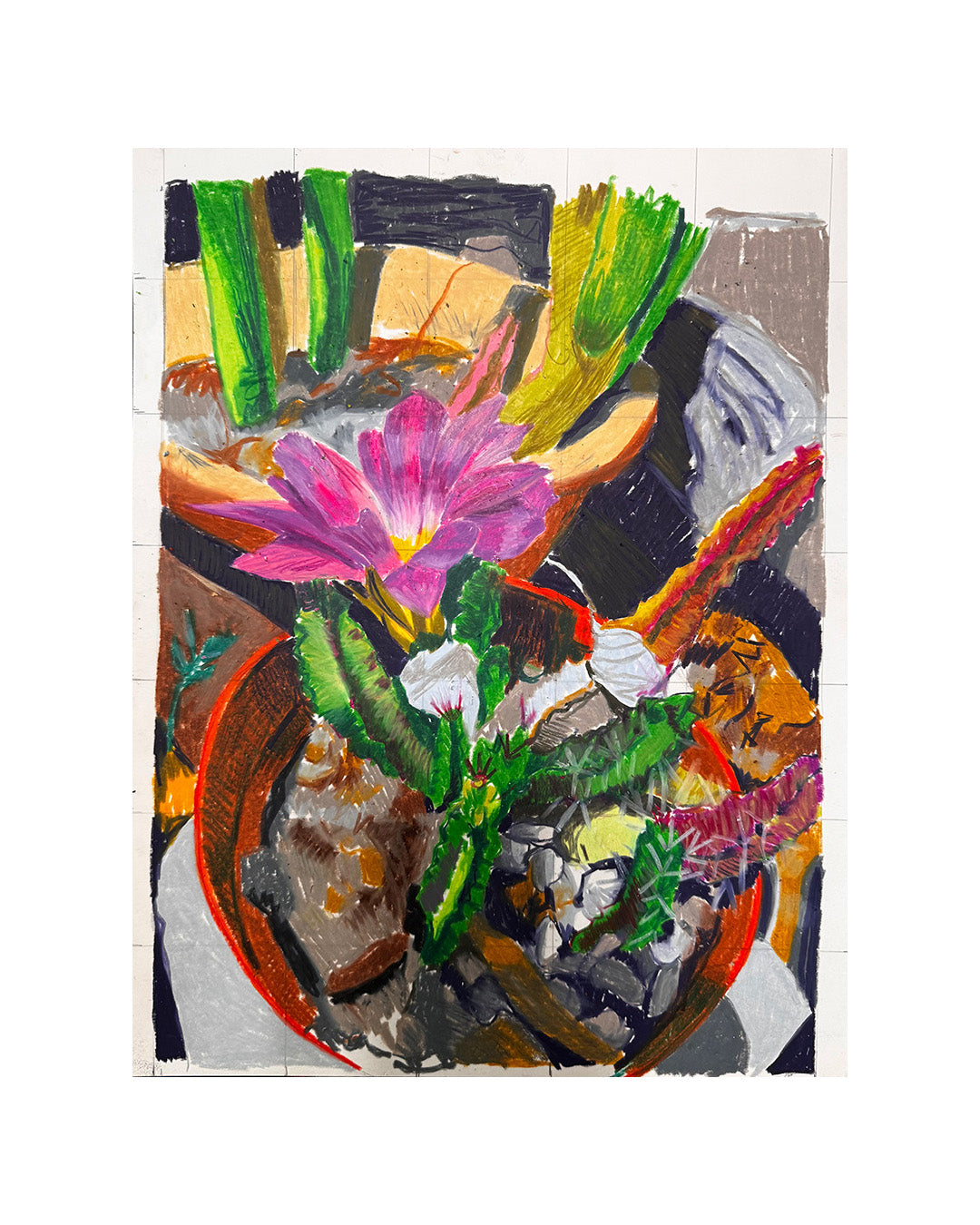 Pastel drawing of a cactus with a pink flower in a pot