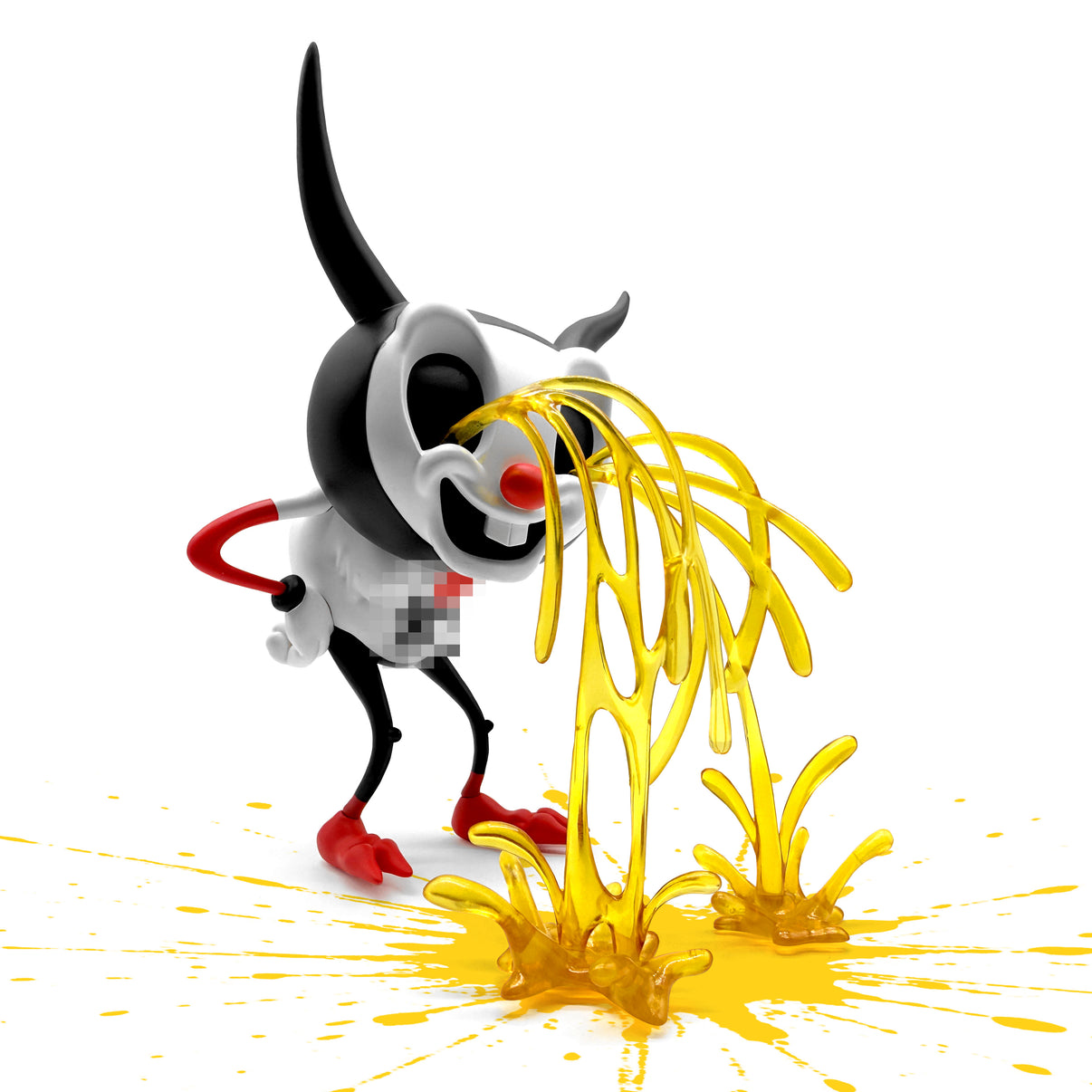 Cartoon character with yellow liquid splashing around on a white background