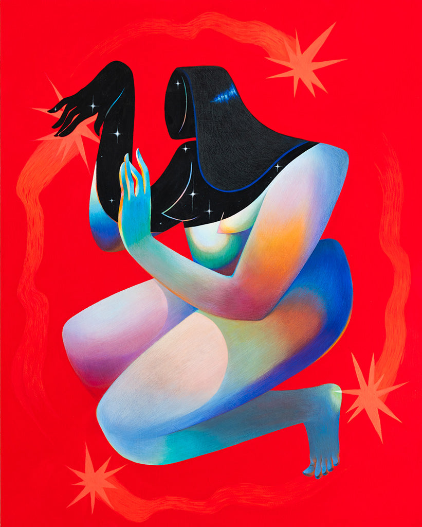 Painting of a nude figure with the bottom of her body colored in rainbow and the top half colored black with white stars