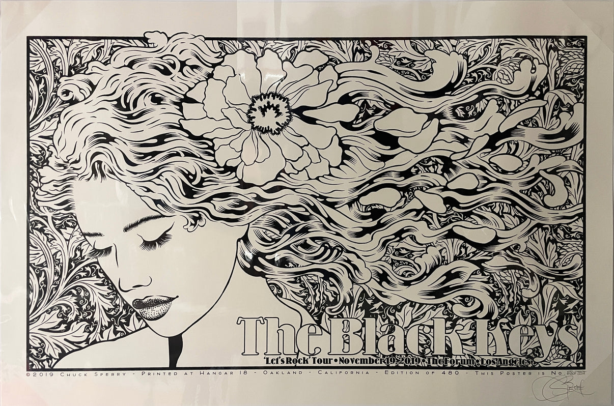 by Chuck Sperry titled Chuck Sperry - "The Black Keys, LA (Flora)" (B&W Test Print)