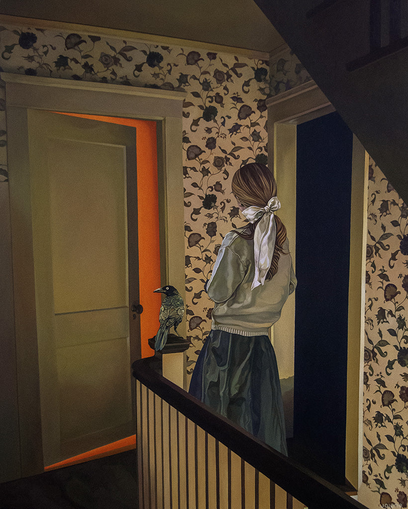 Painting of a girl with a bow in her hair standing in a hallway looking at a door