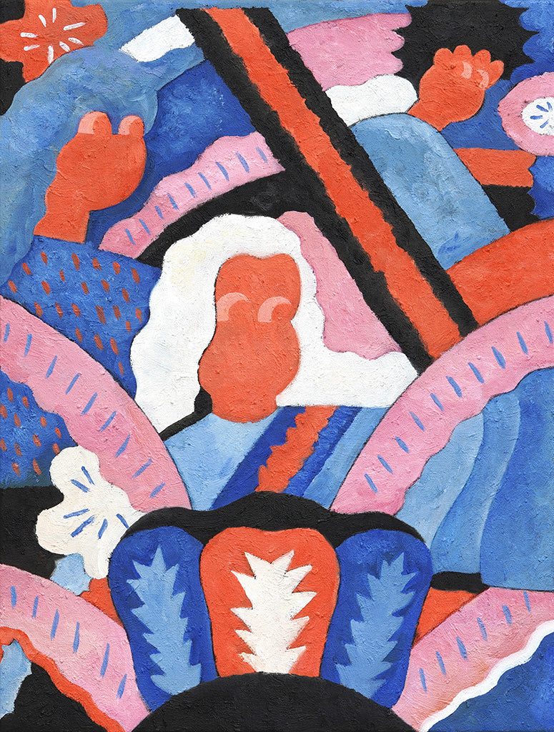 Painting of abstract figures and lines in different shades of blue and red