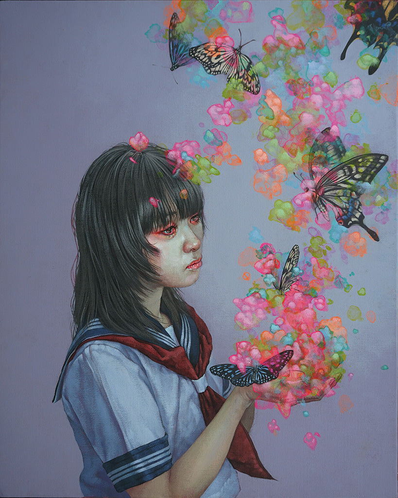Painting of a girl holding her hand out in front of her face while butterflies fly out of it