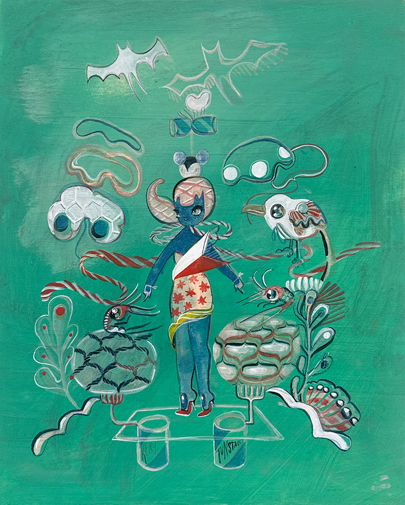 Painting of an animated figure in a patterned dress surrounding by birds and flowers