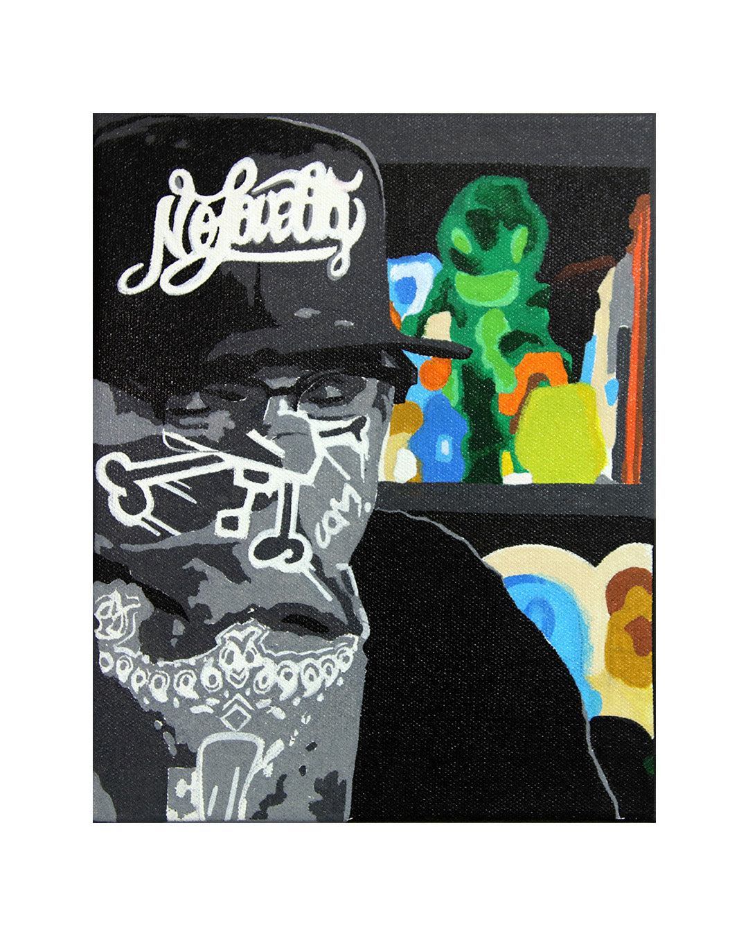 Person wearing a black cap and bandana surrounded by colorful art.