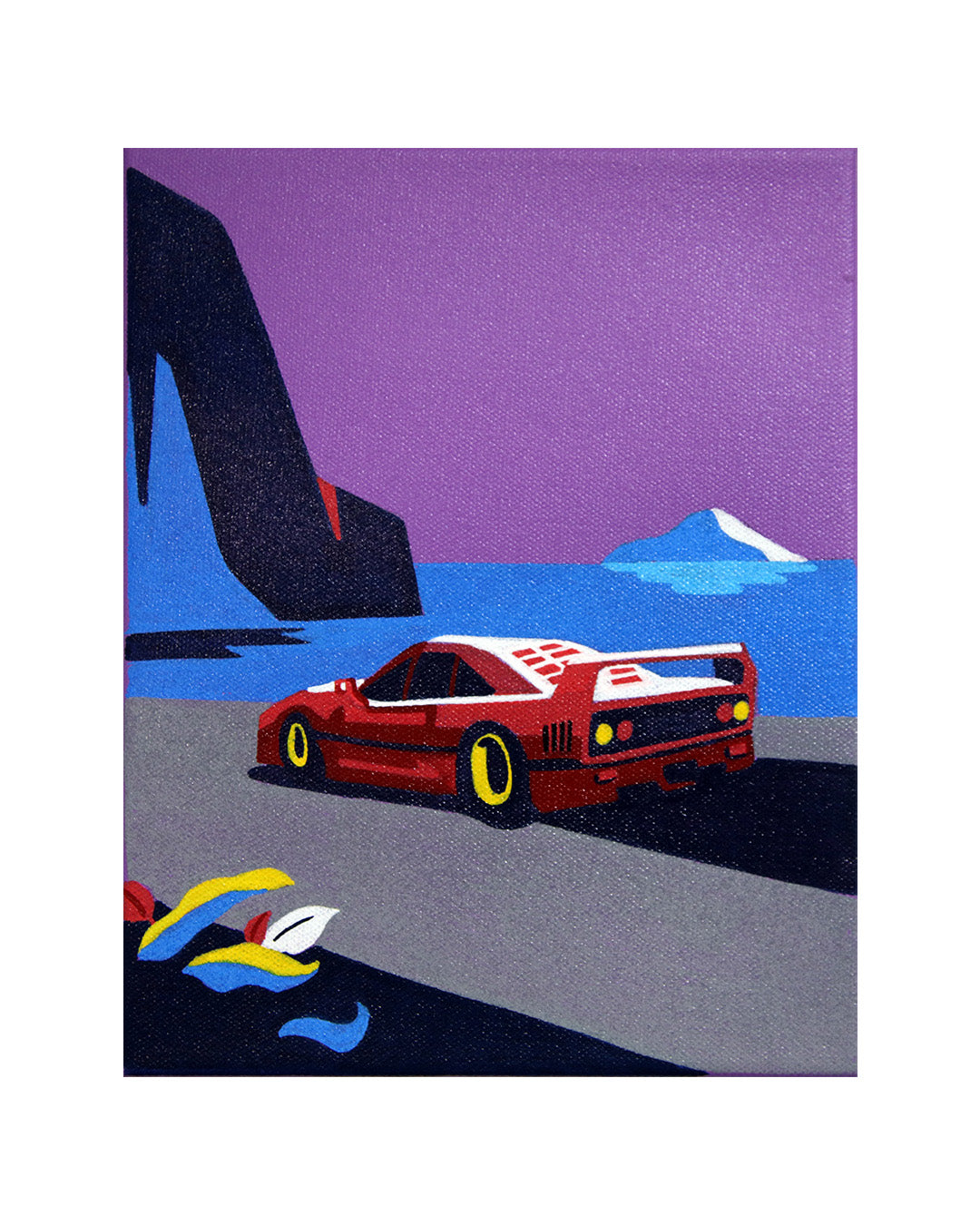 Red sports car on a road with mountains and a purple sky