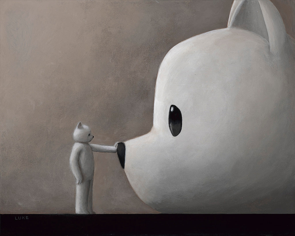 a small white bear reaching out to touch a giant white bear head