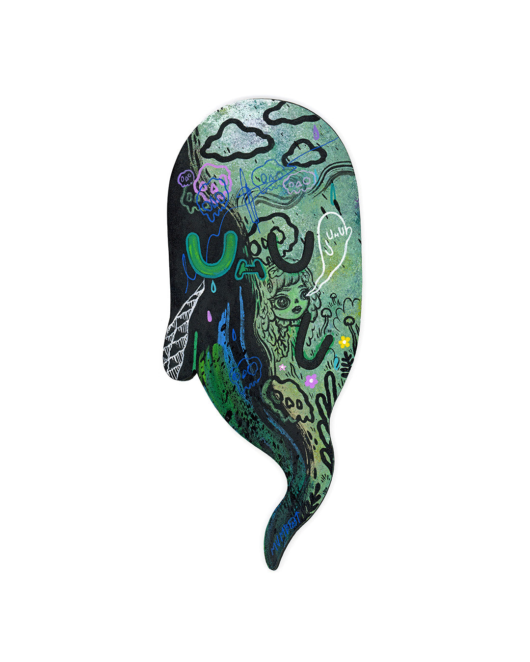 Ghost shaped painted with black and green splatters