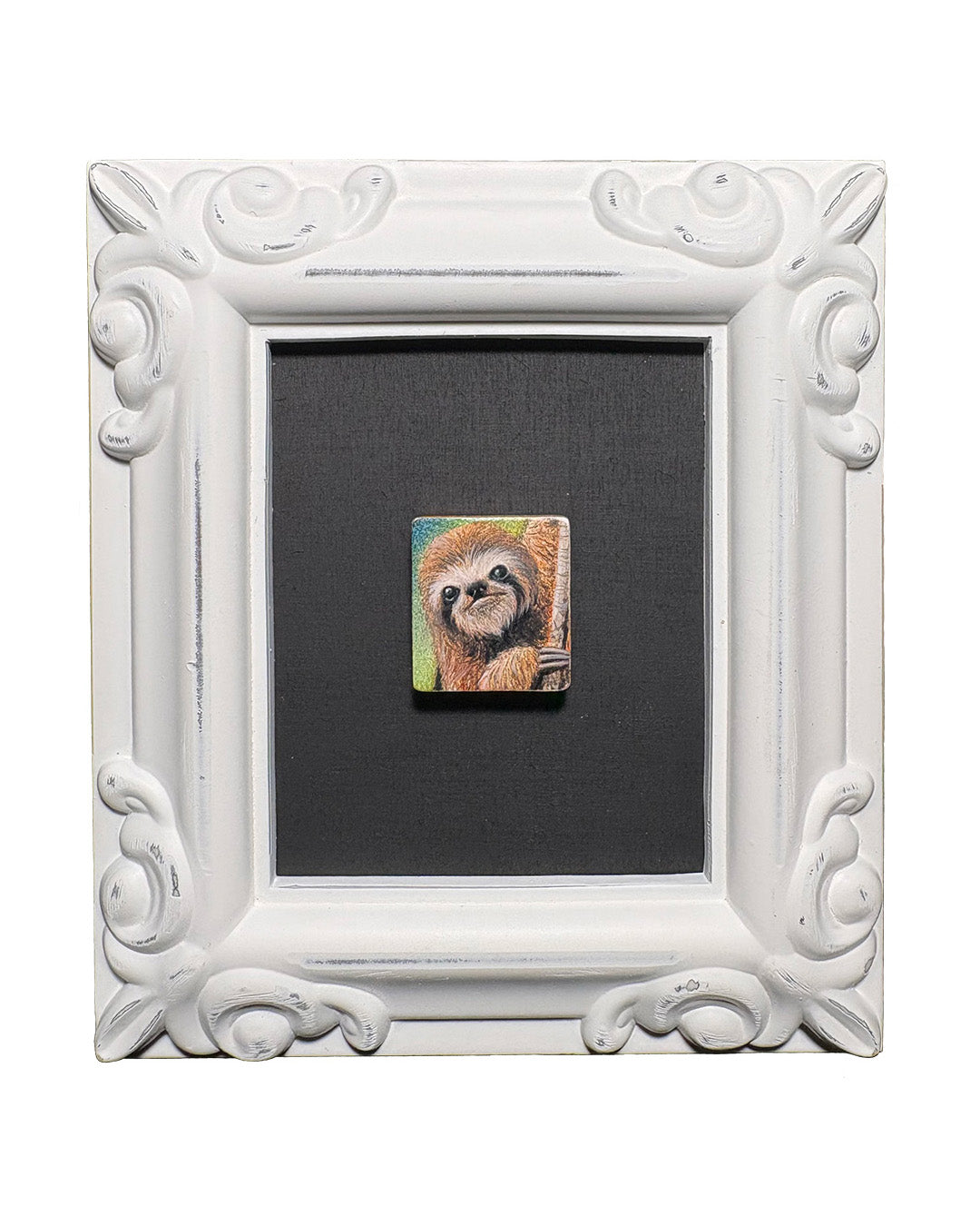 Framed artwork of a sloth on a black background
