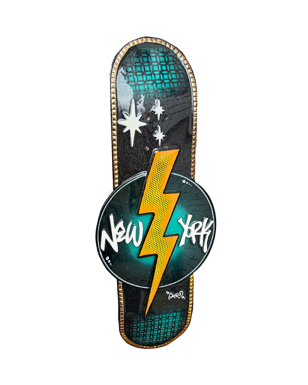 Skateboard deck with lightning bolt design and 'New York' text on a white background