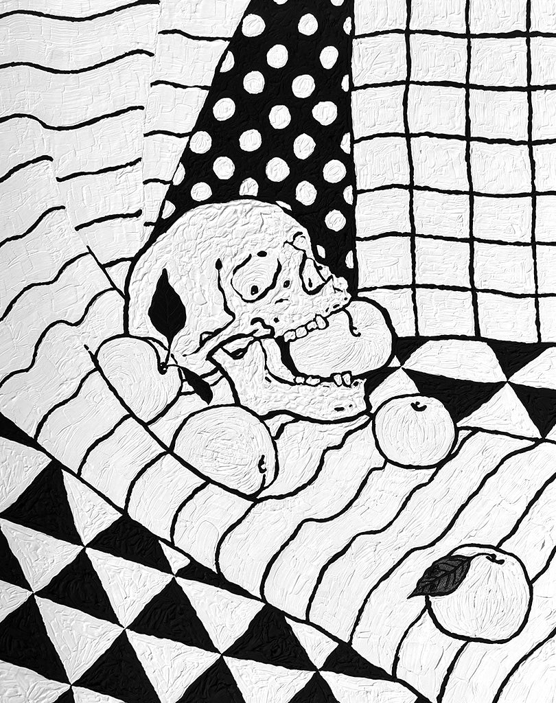 Black and white painting of a skull, fruits, and panels of geometric patterns