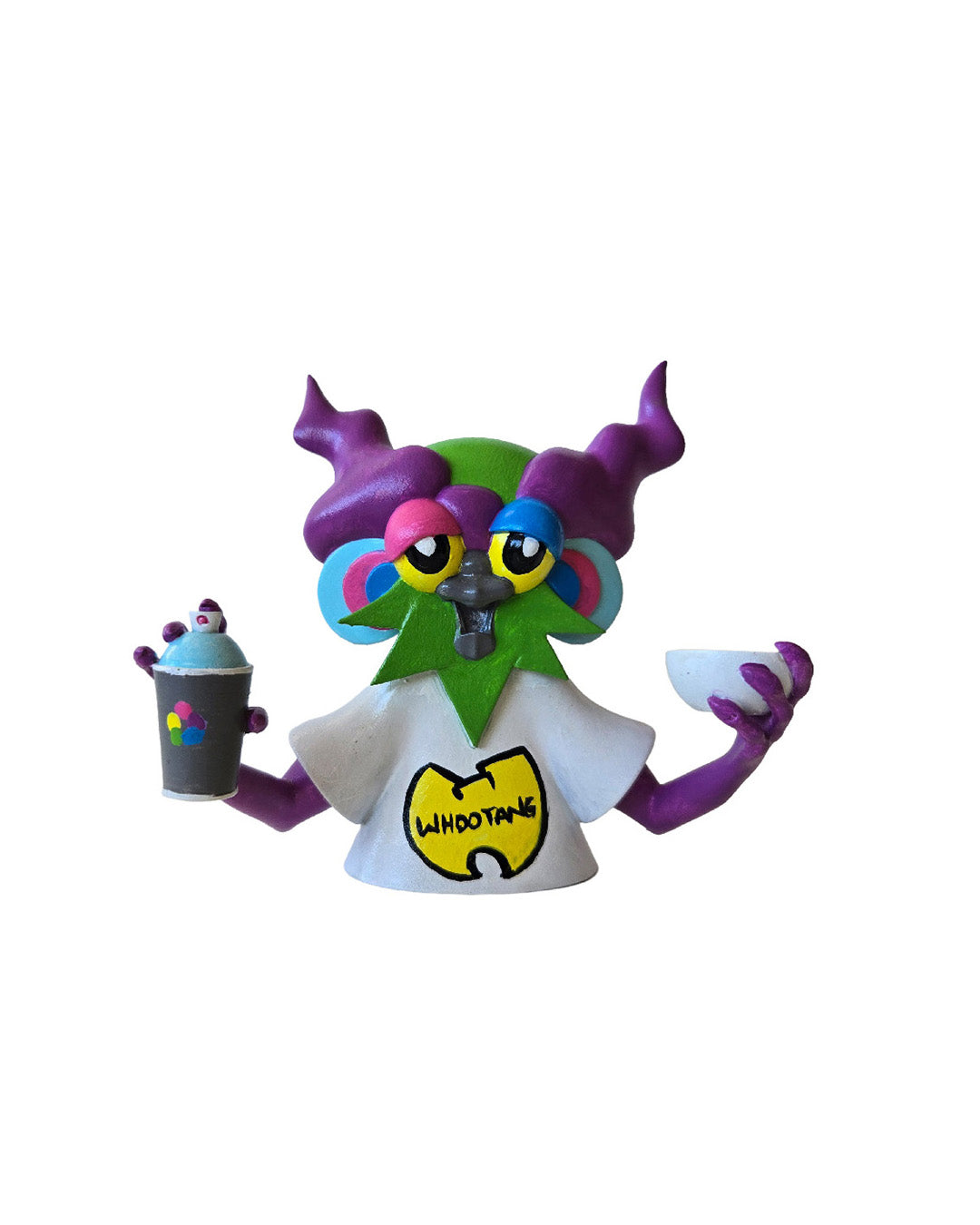 Colorful cartoon owl figurine holding a cup on a white background