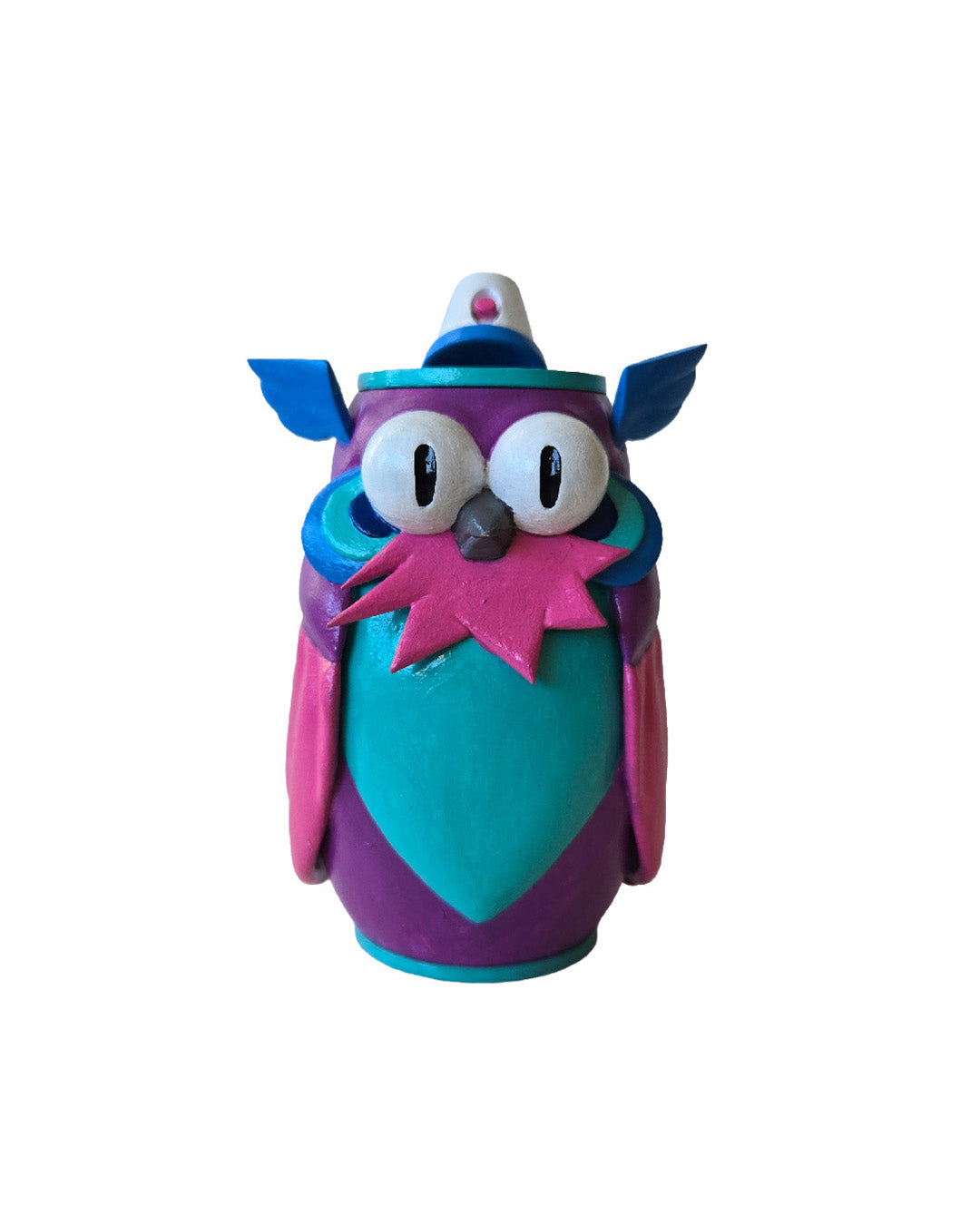 Purple, teal, and pink owl figurine wearing a hat