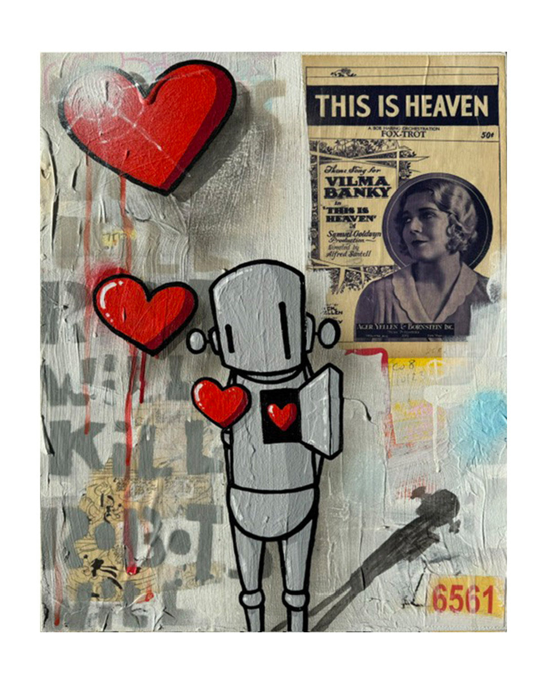 Artistic depiction of a robot holding hearts with a vintage newspaper background.