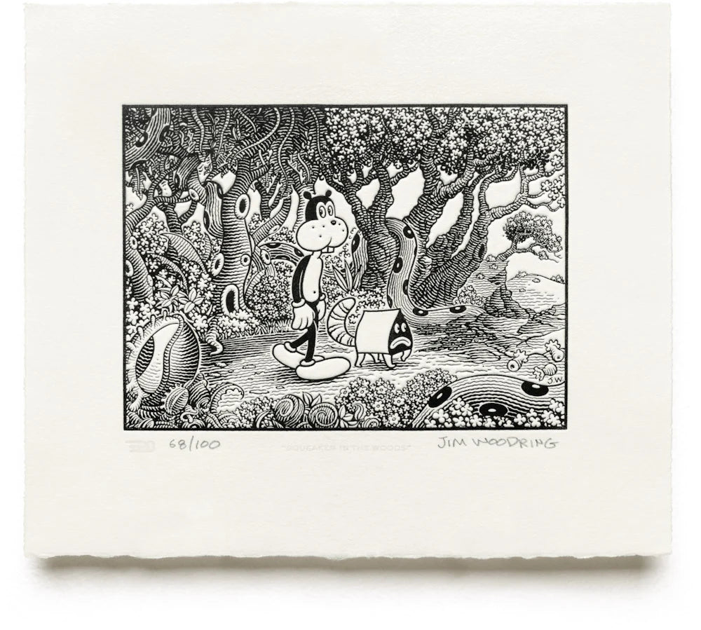 Print by Jim Woodring titled Jim Woodring - Squeaker In The Woods (Artist Proof)