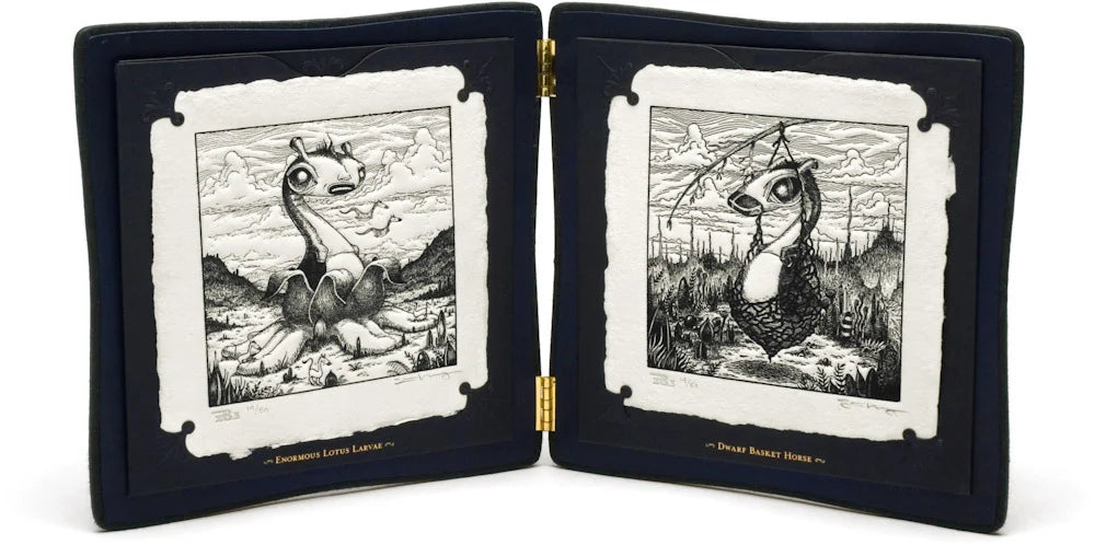 Print by Scott Musgrove titled Scott Musgrove - Enormous Lotus Larvae & Dwarf Basket Horse (Printers Proof)