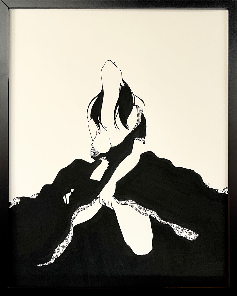 Black silhouette of a woman in a black dress with her head leaning back