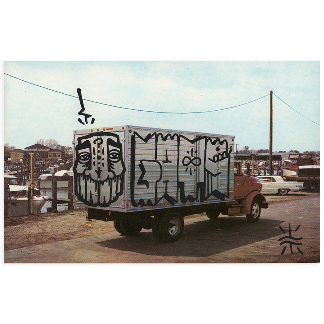 hand painted vintage postcard by GATS depicting a large box truck parked near a harbor