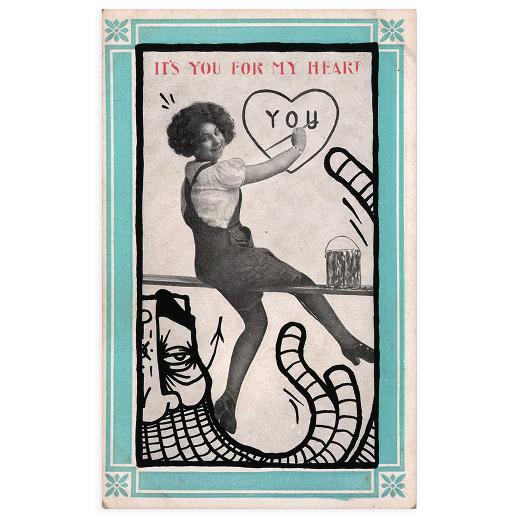 hand painted antique postcard by GATS depicting a woman painting a heart with the word "you" in it