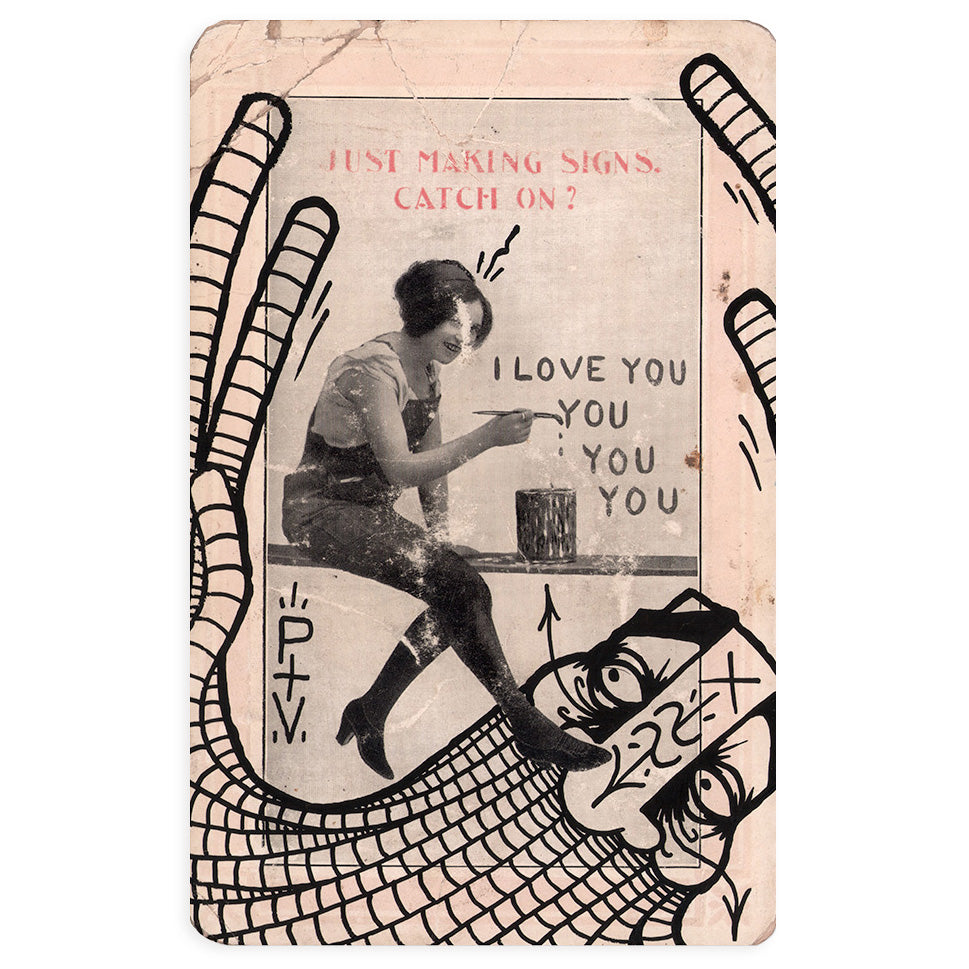 hand painted antique postcard by GATS depicting a woman painting "I love you, you, you"