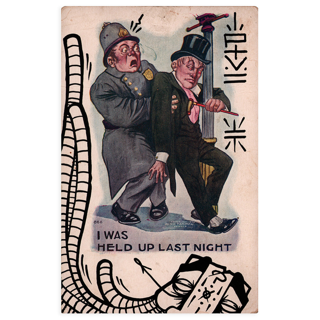 hand painted antique postcard by GATS depicting a police officer carrying a man in a suit