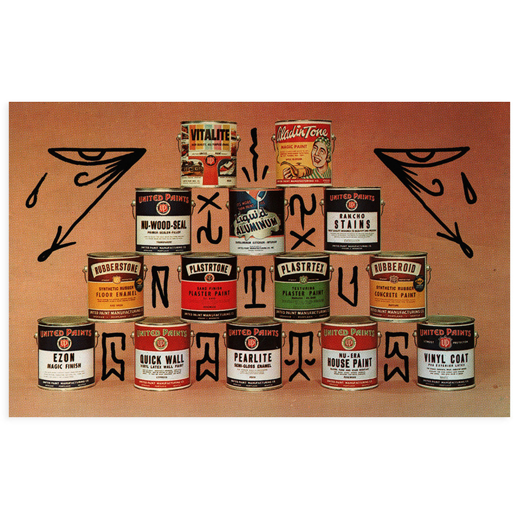 hand painted vintage postcard by GATS depicting a pyramid of stacked paint cans