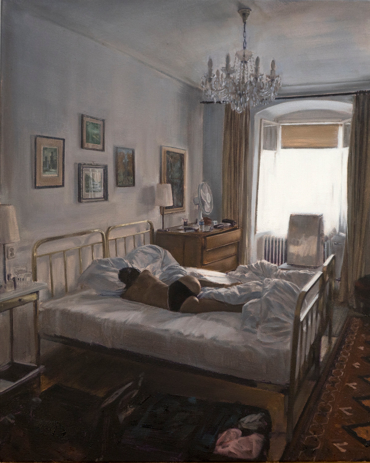 Painting of a figure laying in a bed with white sheet in a room with a chandelier and an open window