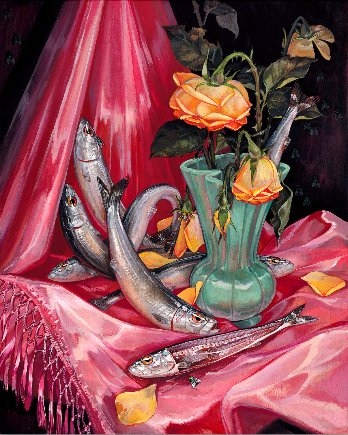 Painted still life of a vase of orange flowers and fish on a pink silk fabric