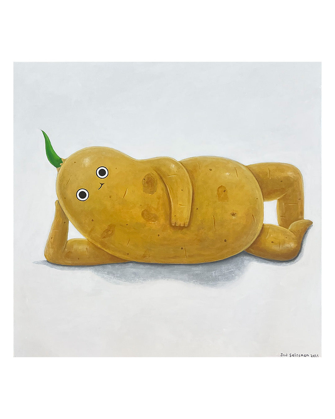 Animated reclining potato with a green stem on a white background