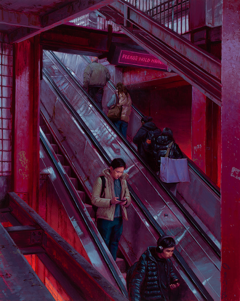 Painting of an industrial building with people riding on two escalators