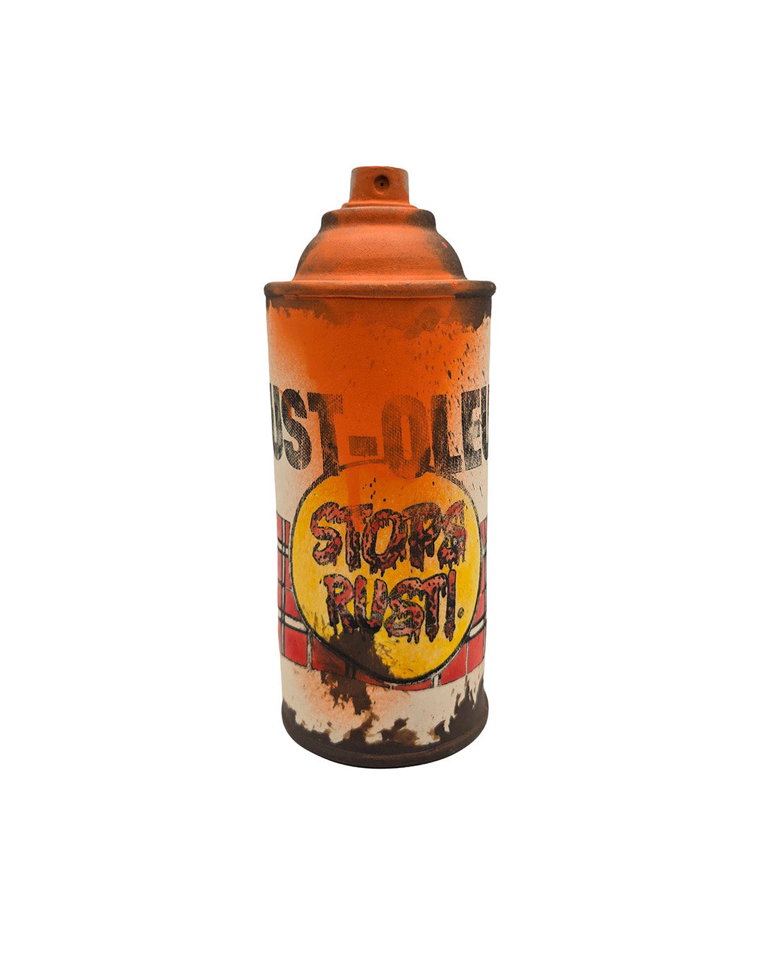 figurine of a spray paint can and the words "Stops Rust"
