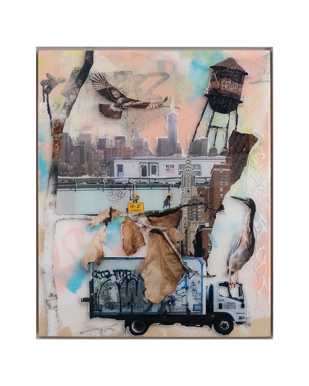 Collage with resin of  truck, water tower, subway train, and bird.