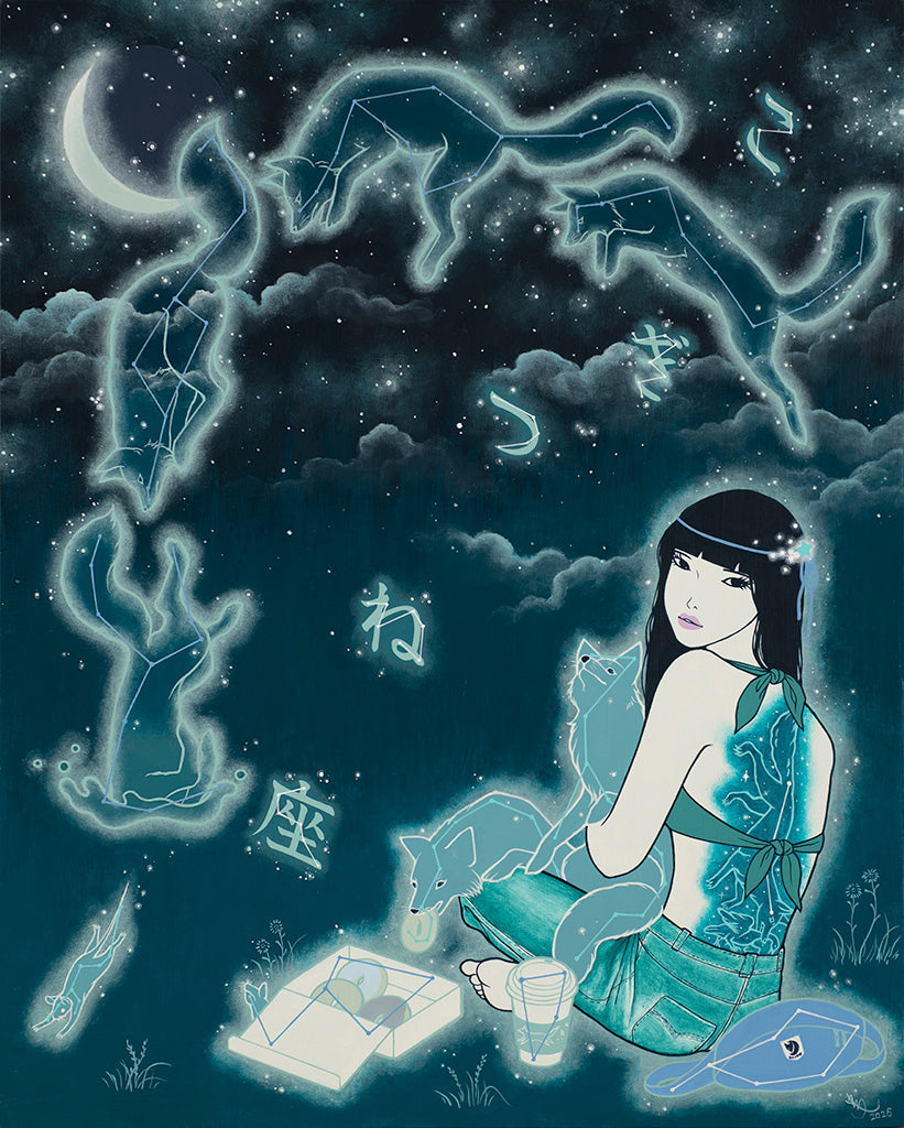 Painting of a girl holding a wolf while looking at constellations in the shape of wolves 