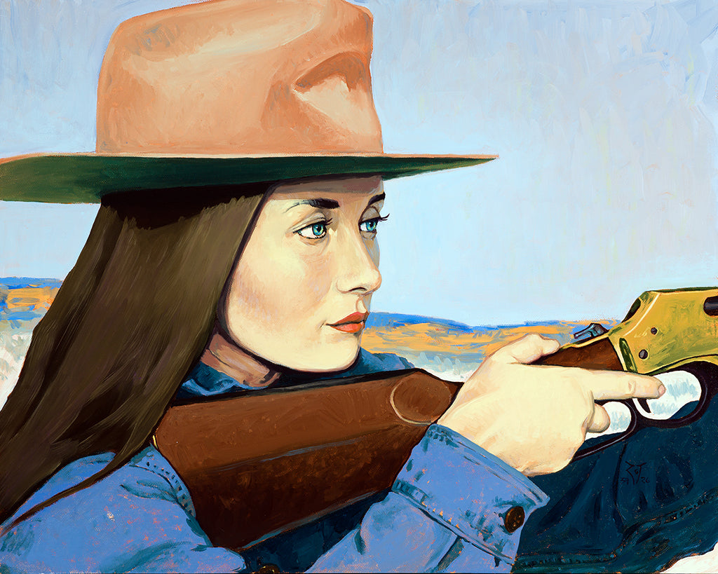 Painting of a woman in a hat holding a rifle with mountains and a blue sky behind her