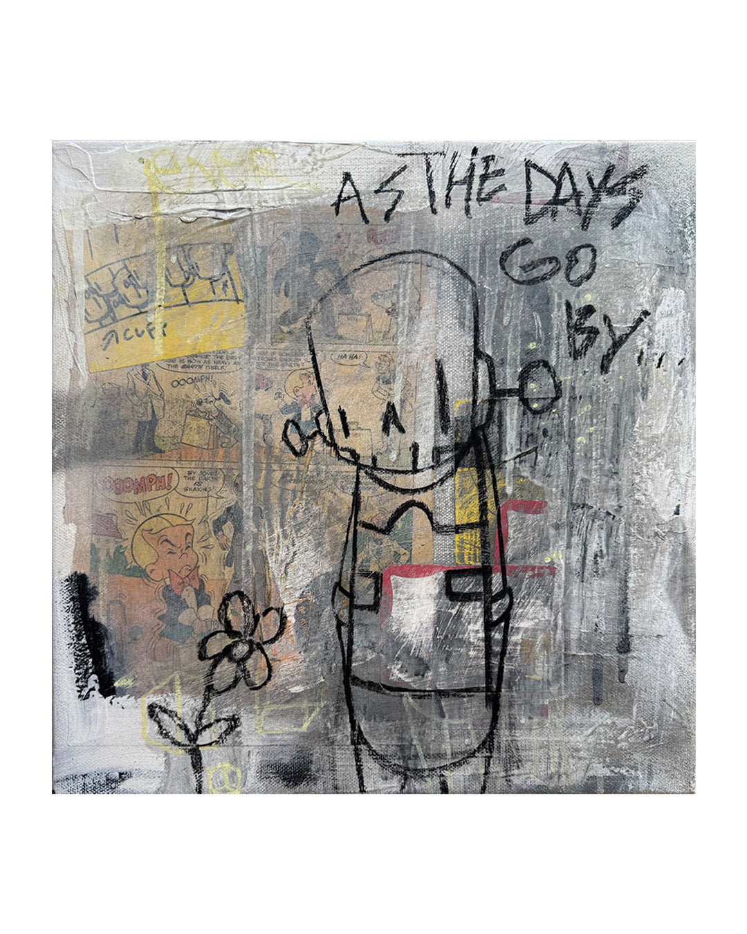 Abstract artwork with text 'As the days go by' and a stick figure on a textured background.